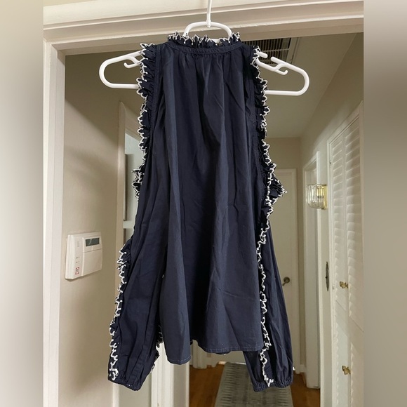 EUC ULLA JOHNSON Blue Amandine Embroidered Cold Shoulder Ruffle Blouse - Picture 6 of 10